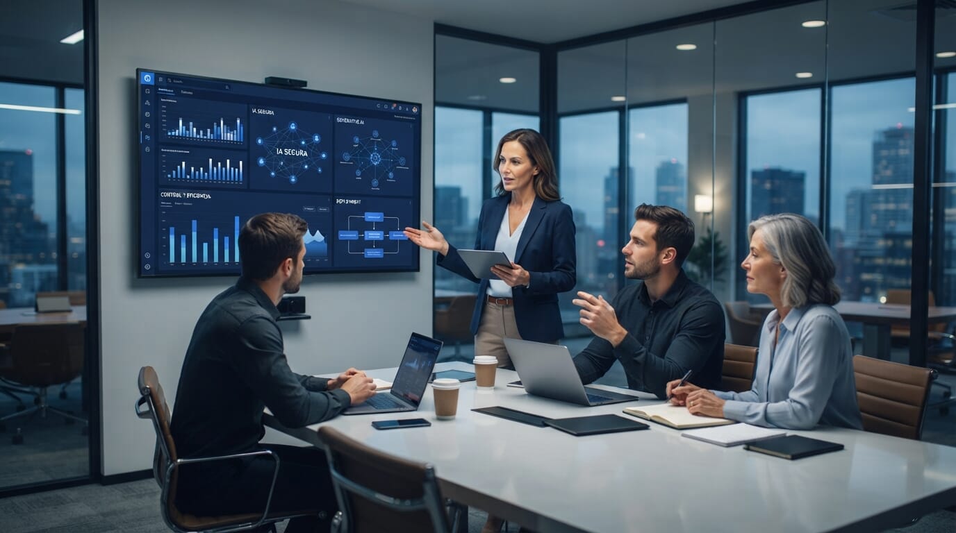 Profesionales discutiendo sobre IA en sala de juntas con gráficos.