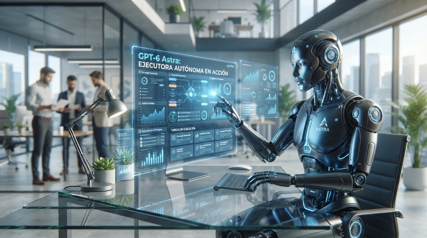 Robot interactuando con interfaz en oficina moderna.