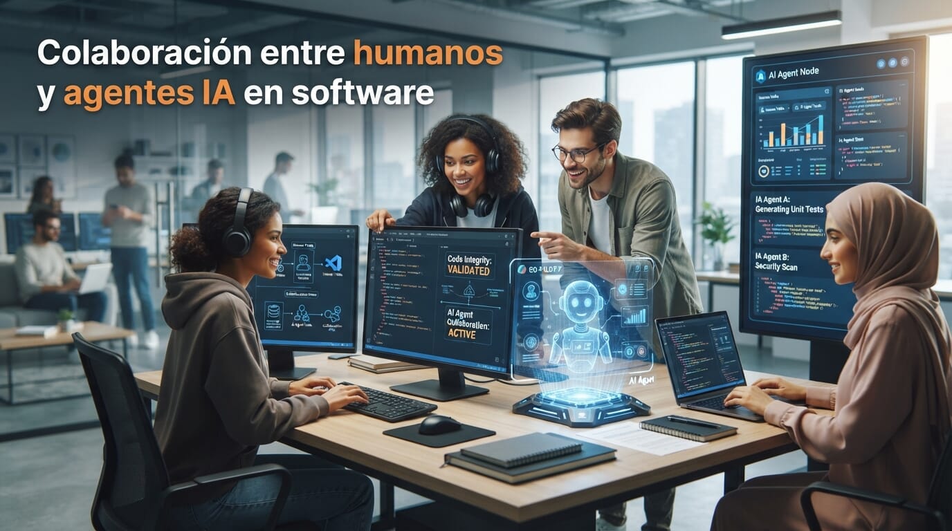 Ingenieros de software colaborando con IA en oficina moderna.