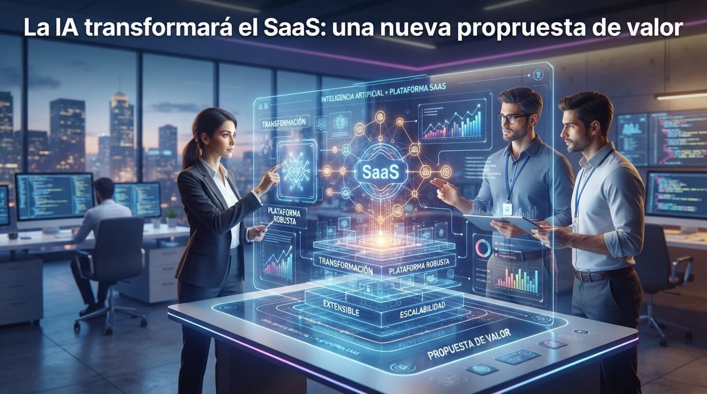 Plataforma tecnológica integrando IA y SaaS en un entorno futurista.