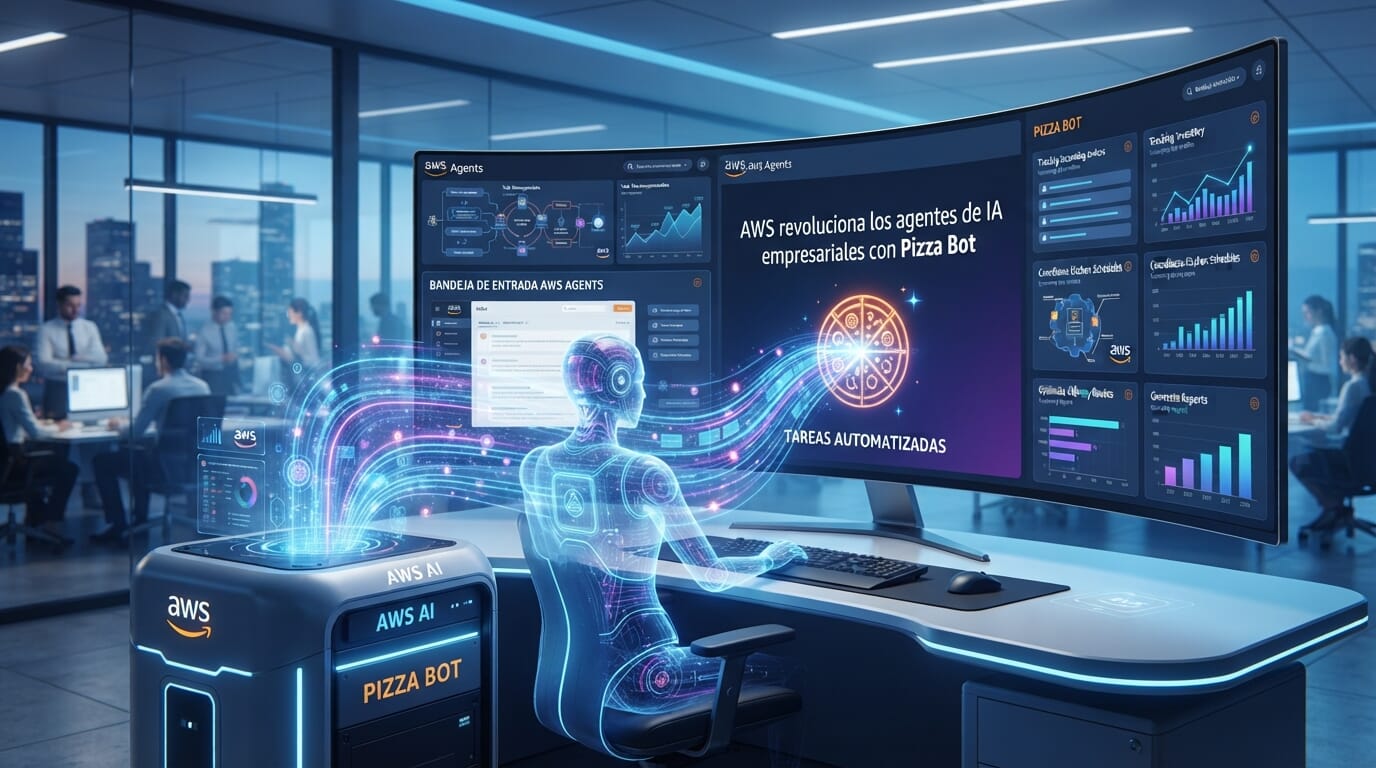 Agente de IA en entorno digital empresarial con pantallas múltiples.