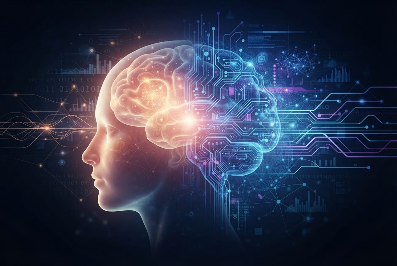 Mente humana conectada a circuitos digitales, simbolizando IA y creatividad.