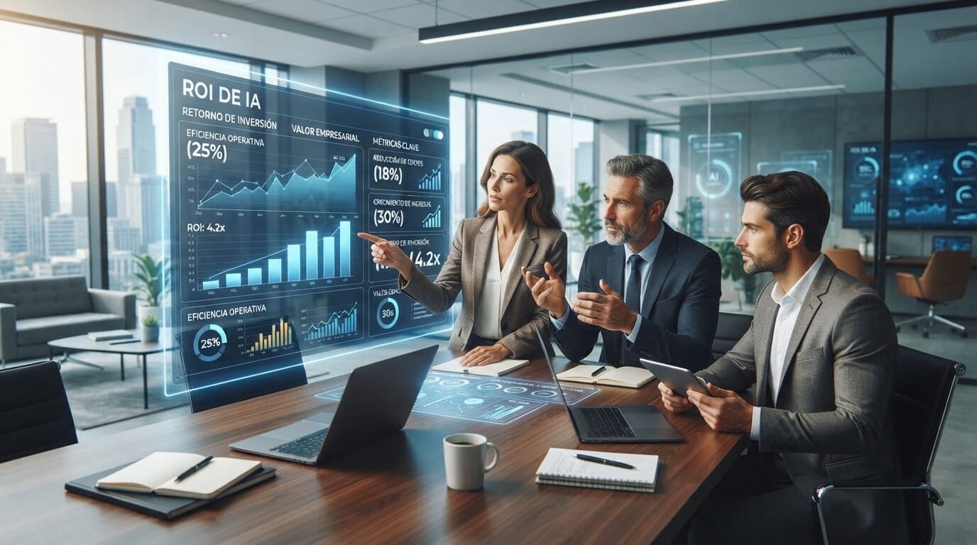 Ejecutivos analizando gráficos de ROI de IA en oficina moderna.