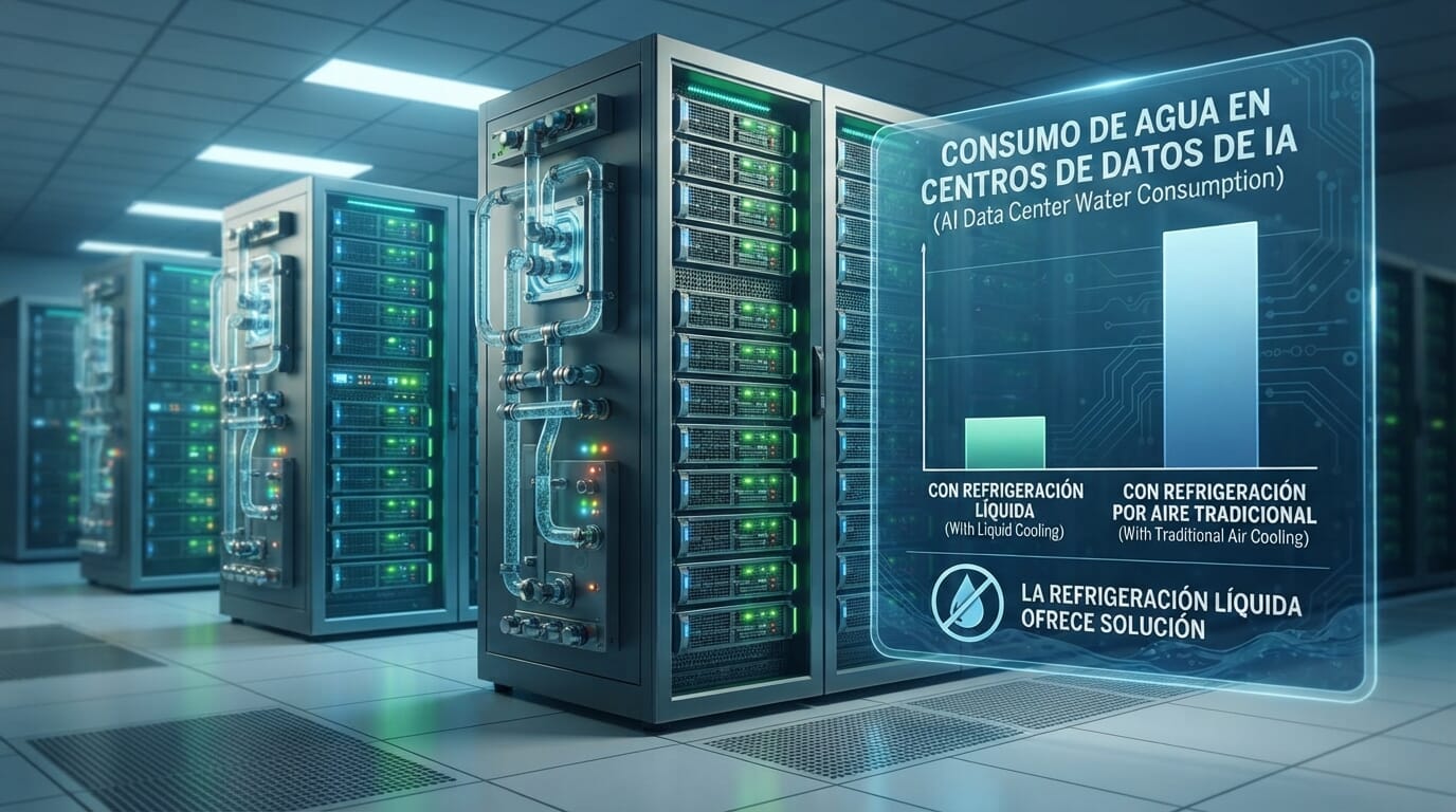 Centro de datos moderno con refrigeraci 03 l 01quida y gr 01fico de consumo de agua.