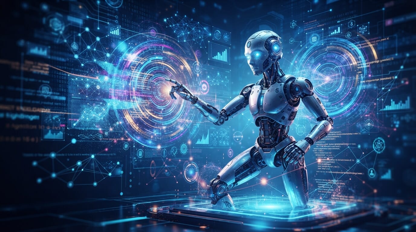 Robot interactuando en un entorno digital complejo.