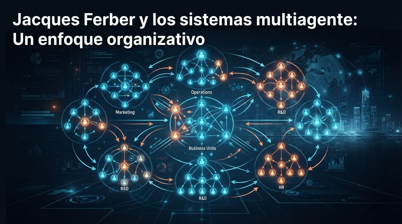 Ilustración de nodos interconectados representando un sistema multiagente.