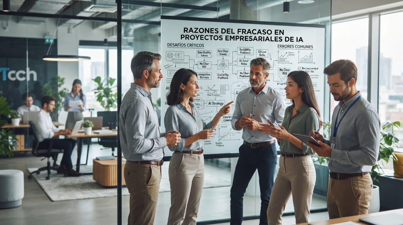 Equipo discutiendo diagramas de IA en una oficina moderna.